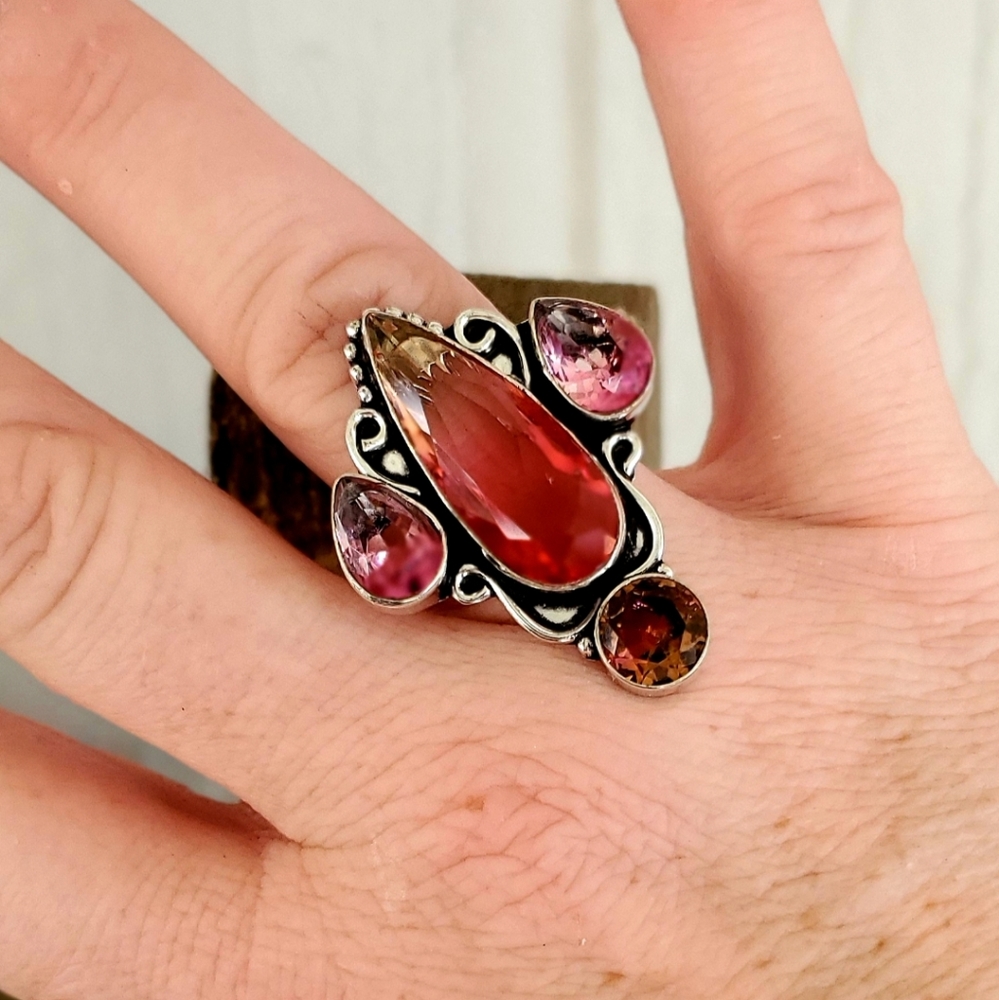 New Bi-Color Tourmaline & Pink Topaz 925 Silver Ring.